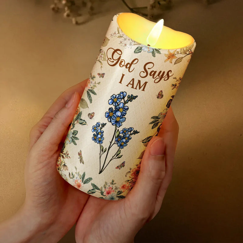 Gift For Yourself, Gift For Women, Christmas, Christian, Happy, Top Market - Stained Glass Birth Flower Mosaic Art God Says I Am - Personalized Flameless LED Candle