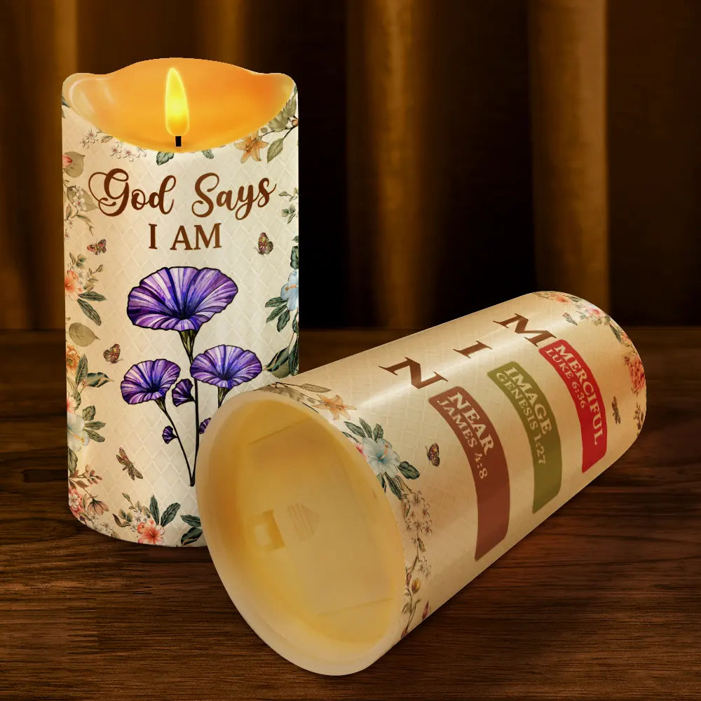 Gift For Yourself, Gift For Women, Christmas, Christian, Happy, Top Market - Stained Glass Birth Flower Mosaic Art God Says I Am - Personalized Flameless LED Candle