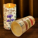 Gift For Yourself, Gift For Women, Christmas, Christian, Happy, Top Market - Stained Glass Birth Flower Mosaic Art God Says I Am - Personalized Flameless LED Candle