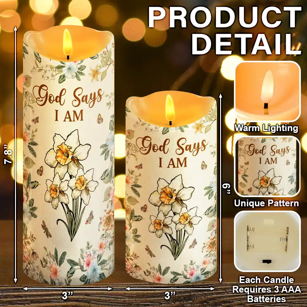 Gift For Yourself, Gift For Women, Christmas, Christian, Happy, Top Market - Stained Glass Birth Flower Mosaic Art God Says I Am - Personalized Flameless LED Candle