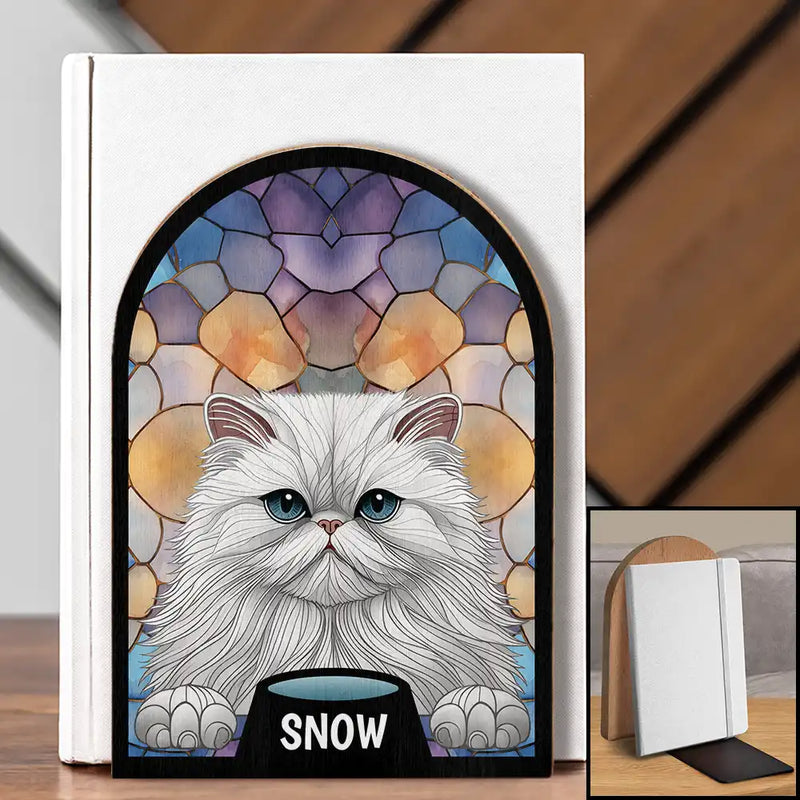 Pet Lovers,Pet Mom,Pet Dad - Stained Glass Cat Dog - Personalized Wood Book Ends