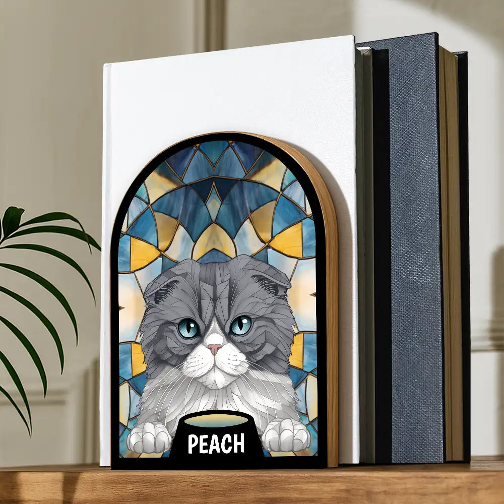 Pet Lovers,Pet Mom,Pet Dad - Stained Glass Cat Dog - Personalized Wood Book Ends