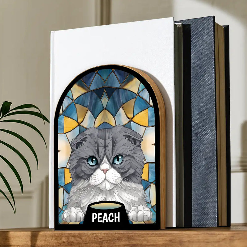 Pet Lovers,Pet Mom,Pet Dad - Stained Glass Cat Dog - Personalized Wood Book Ends