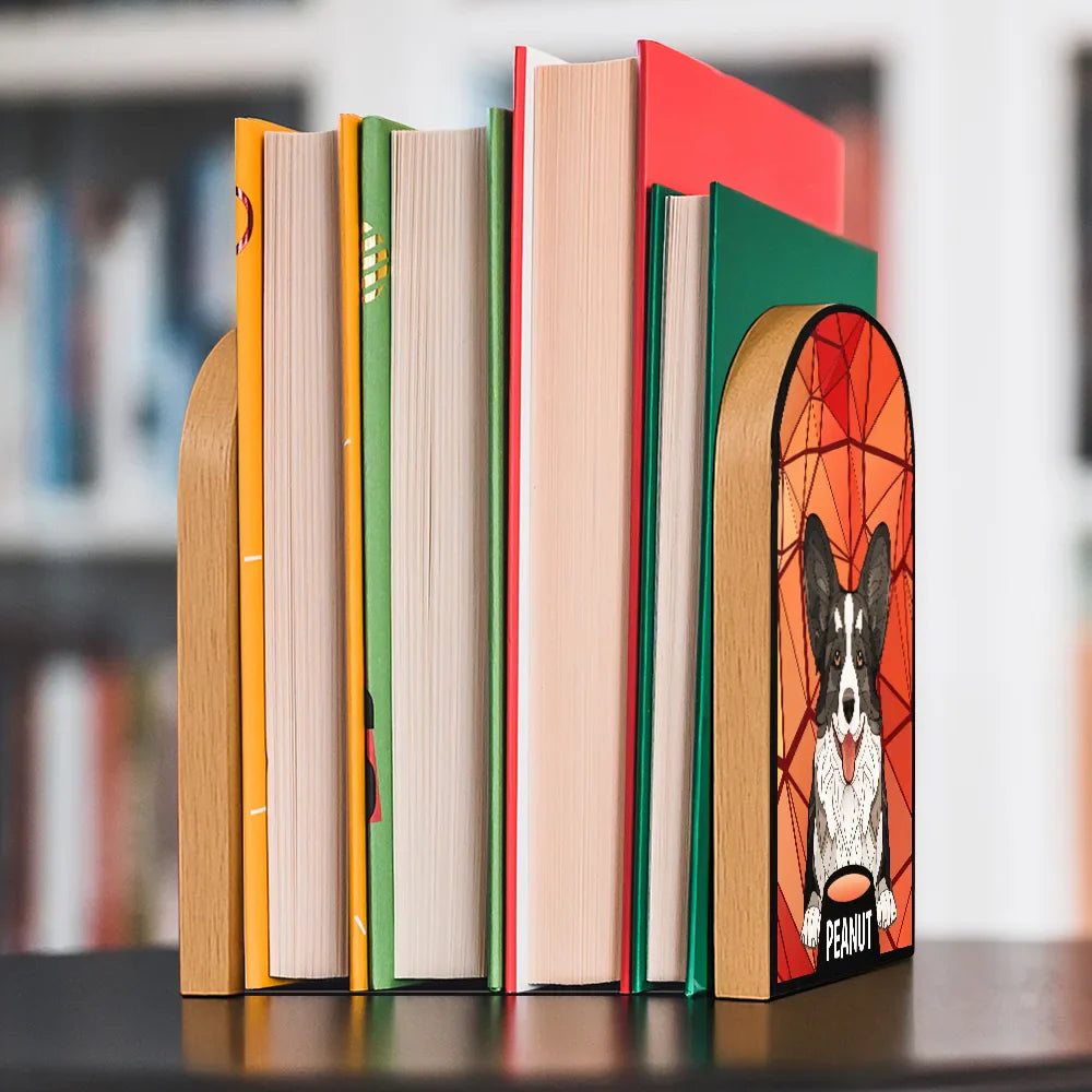 Pet Lovers,Pet Mom,Pet Dad - Stained Glass Cat Dog - Personalized Wood Book Ends