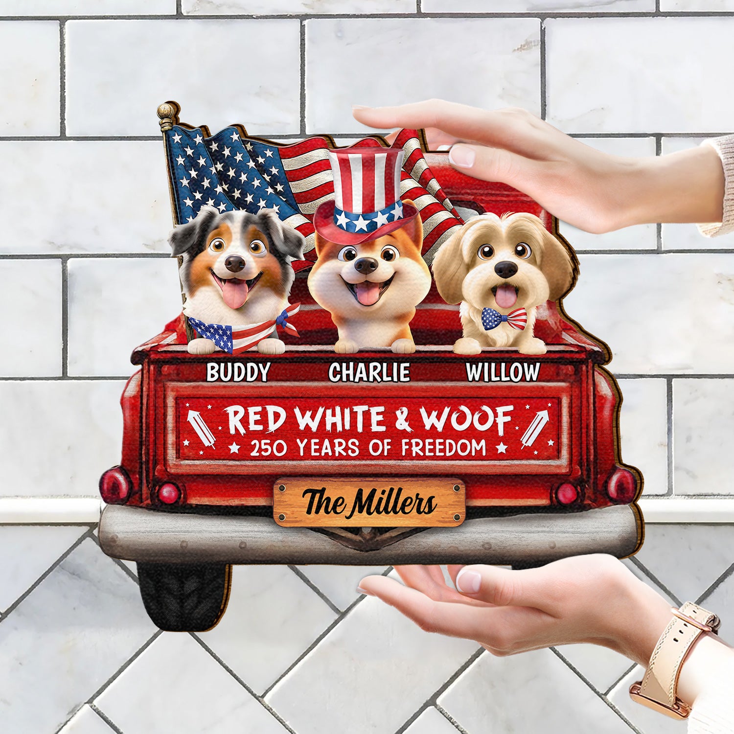 Pet Lovers,Pet Mom,Pet Dad,Dog Lovers,Dog Mom,Dog Dad - Star & Stripes Red White Woof 250 Years Of Freedom - Personalized Custom Shaped Wood Sign