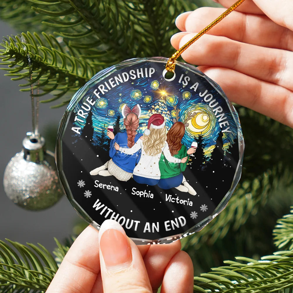 Christmas, Gift For Bestie, Happy - Starry Night Friends Turn Into Family - Personalized Circle Glass Ornament