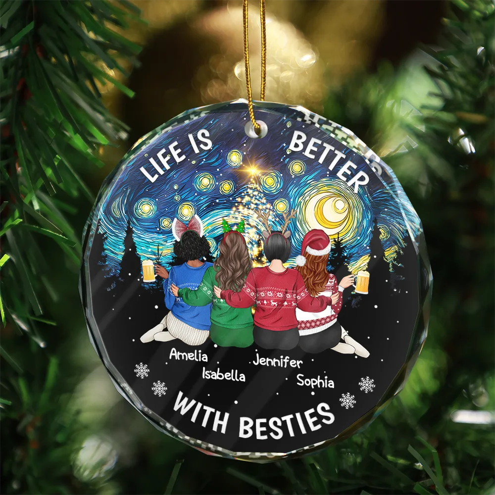 Christmas, Gift For Bestie, Happy - Starry Night Friends Turn Into Family - Personalized Circle Glass Ornament