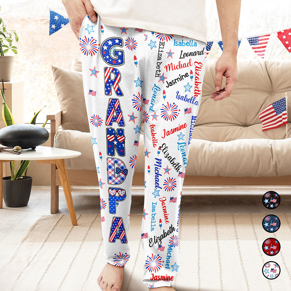 Independence Day,Gift For Grandpa,Gift For Grandma,Gift For Father,Gift For Mother,Proud - Stars & Stripes Grandpa Grandma Kid Name - Personalized Pajama Pants
