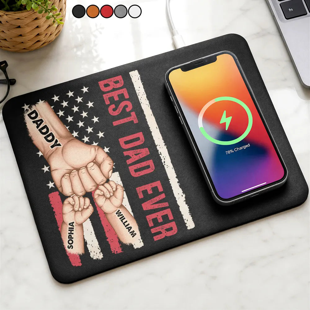 Gift For Father,Gift For Grandpa,Independence Day,Icon,Confident - Stars And Stripes Best Dad Grandpa Ever - Personalized Leather Charging Mat