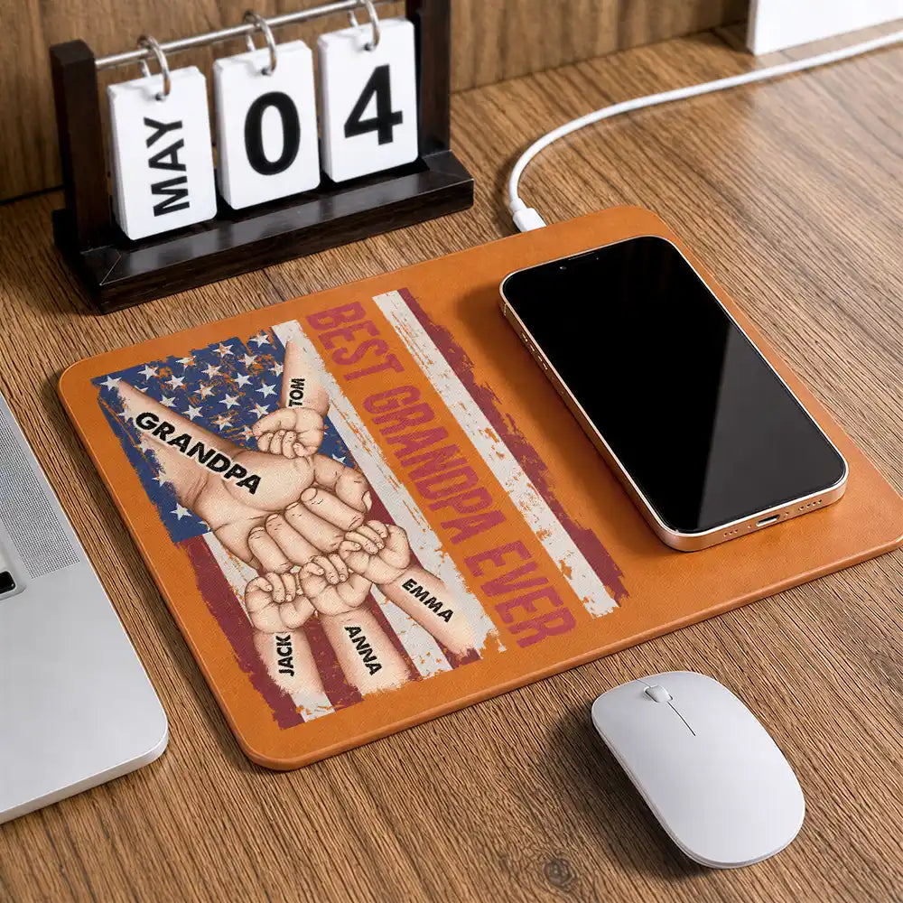 Gift For Father,Gift For Grandpa,Independence Day,Icon,Confident - Stars And Stripes Best Dad Grandpa Ever - Personalized Leather Charging Mat