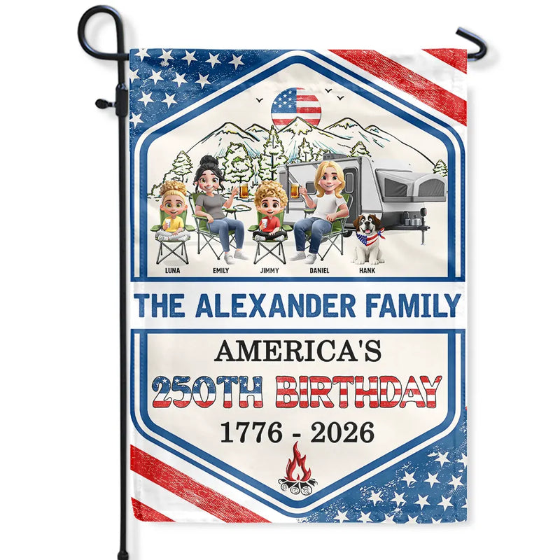 Independence Day, America 250th, amily, Camping, Happy - Stars And Stripes Camping Family 250th Anniversary - Personalized Flag