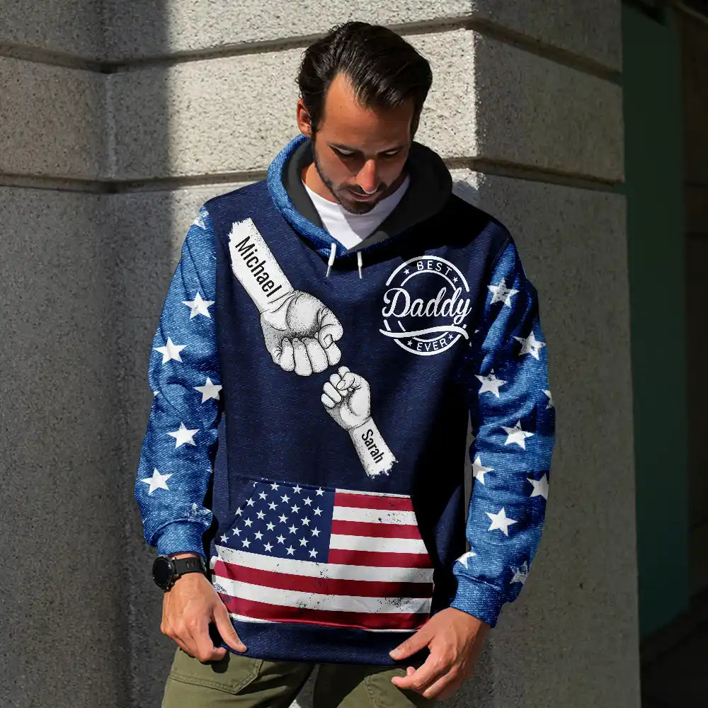 Gift For Father,Gift For Grandpa,Happy - Stars And Stripes Dad Kid Hand Grunge - Personalized Pullover Hoodie
