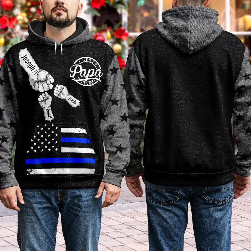 Gift For Father,Gift For Grandpa,Happy - Stars And Stripes Dad Kid Hand Grunge - Personalized Pullover Hoodie