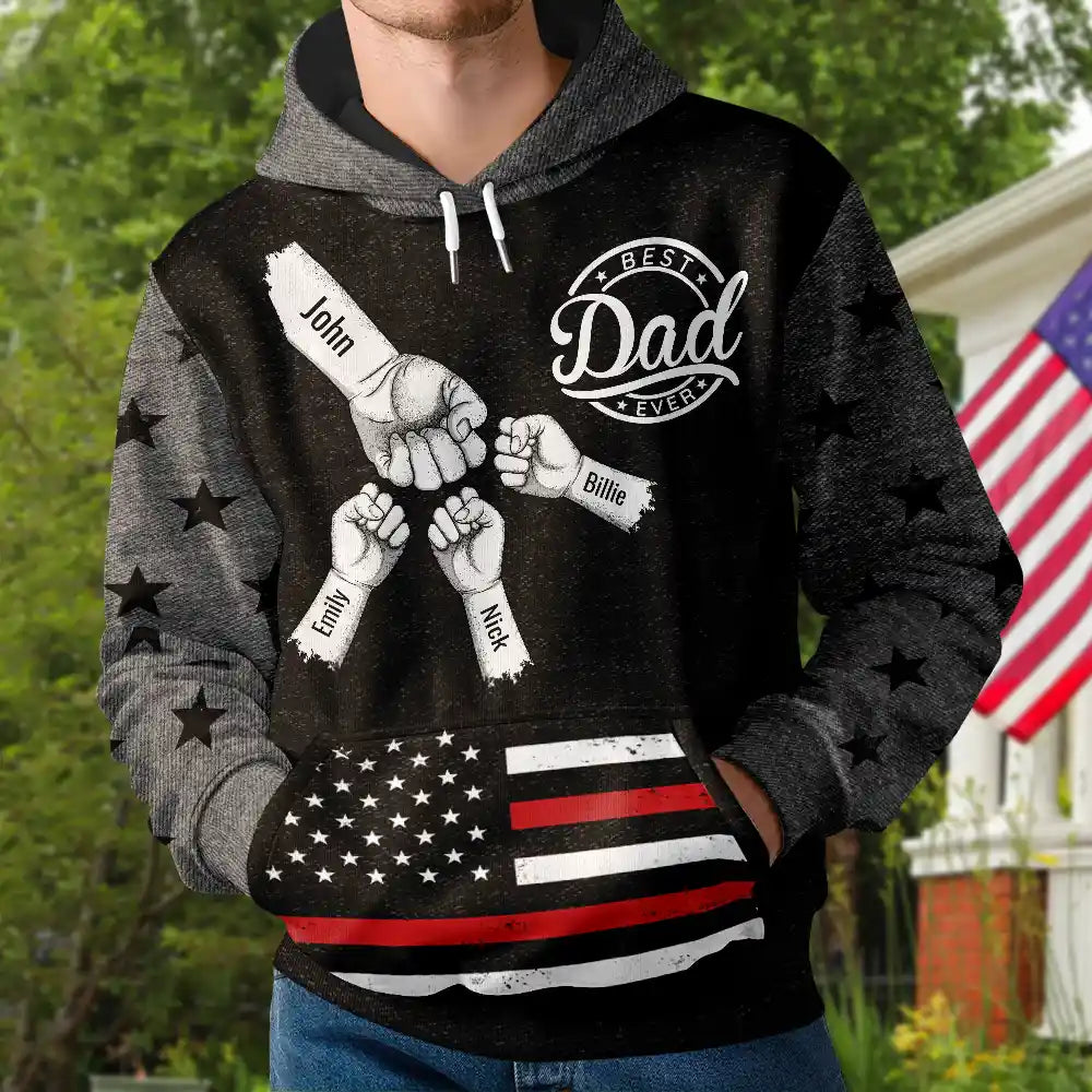 Gift For Father,Gift For Grandpa,Happy - Stars And Stripes Dad Kid Hand Grunge - Personalized Pullover Hoodie