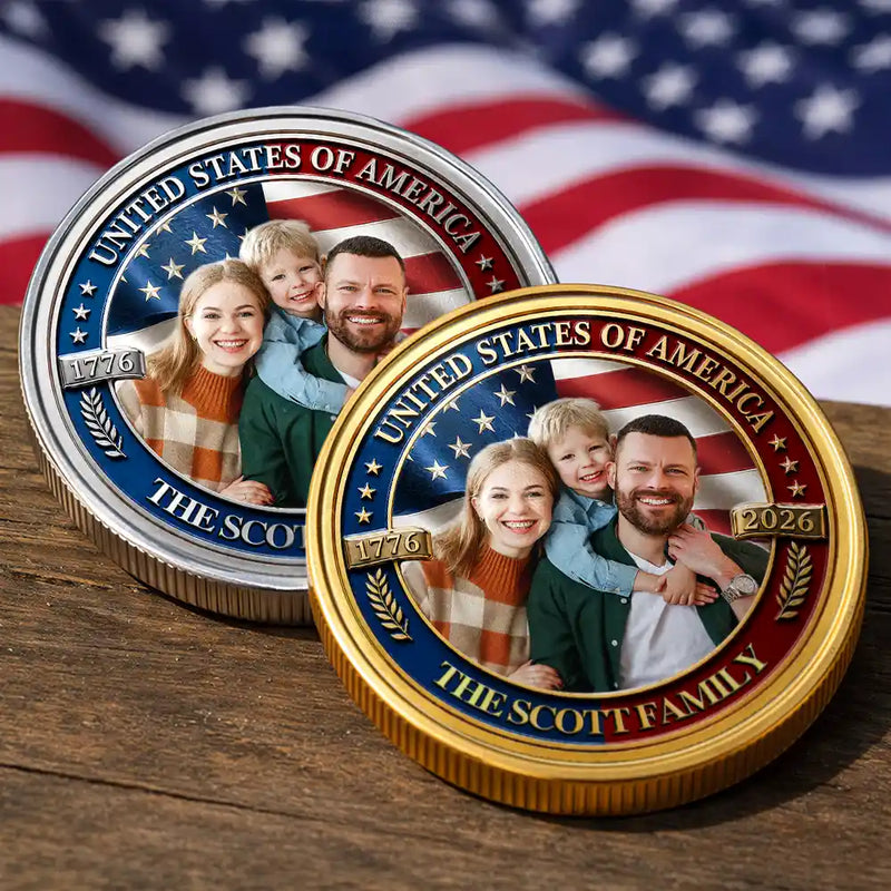 America 250th,Custom Photo,Independence Day,Gift For Yourself,Proud,Remove BG Photo - Custom Photo Stars And Stripes USA 250th Anniversary Family - Personalized Commemorative Keepsake Coin