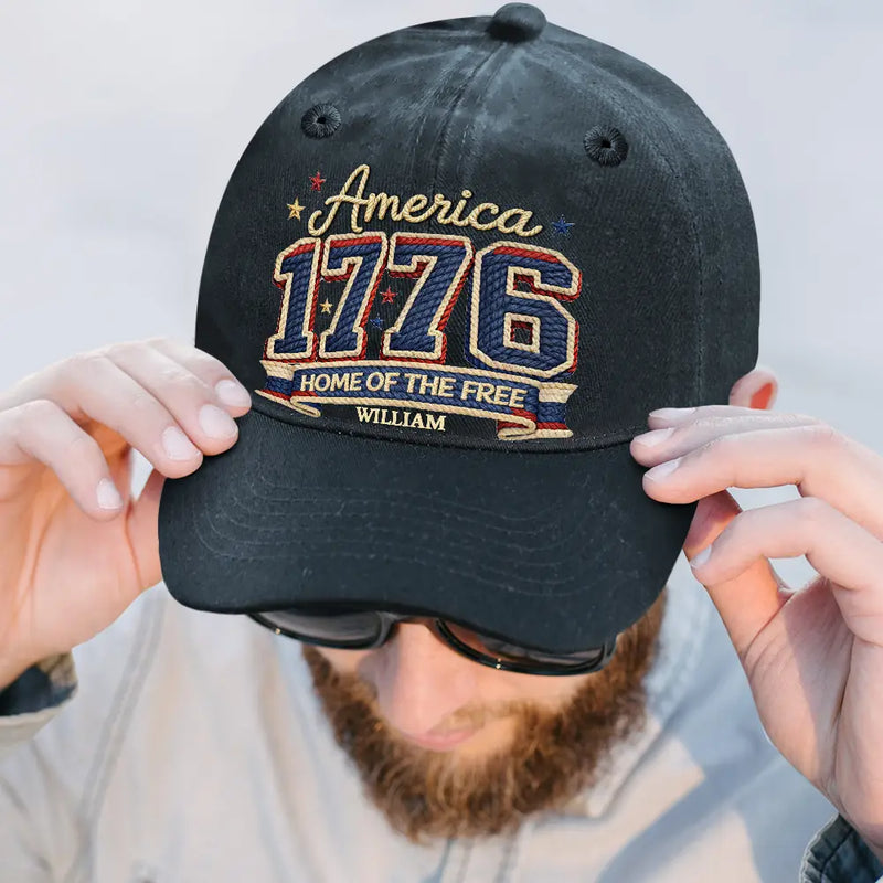Independence Day, America 250th, Gift For Men, Gift For Women, Gift For Yourself, Happy - Stars And Stripes Faux Embroidery Effect 1776 America - Personalized Vintage Washed Denim Cap