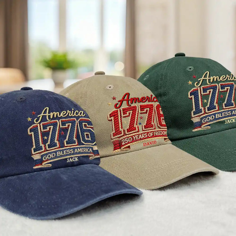 Independence Day, America 250th, Gift For Men, Gift For Women, Gift For Yourself, Happy - Stars And Stripes Faux Embroidery Effect We The People - Personalized Vintage Washed Denim Cap