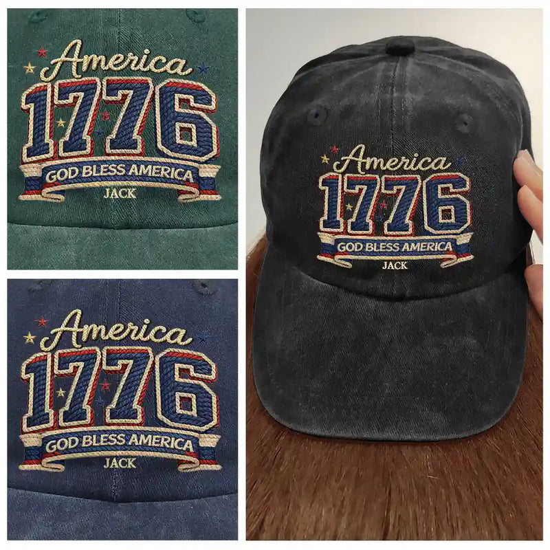 Independence Day, America 250th, Gift For Men, Gift For Women, Gift For Yourself, Happy - Stars And Stripes Faux Embroidery Effect 1776 America - Personalized Vintage Washed Denim Cap