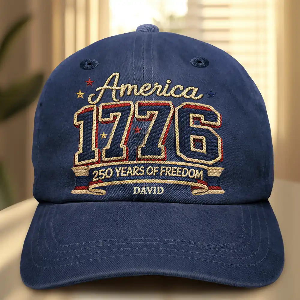 Stars And Stripes Faux Embroidery Effect 1776 America - Personalized Vintage Washed Denim Cap