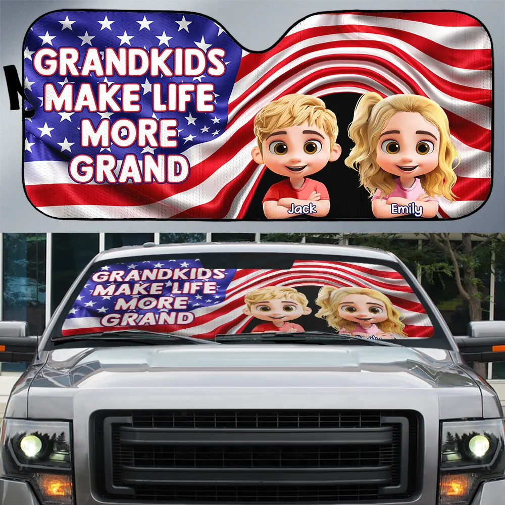 Independence Day,Gift For Grandparents,Gift For Grandpa,Gift For Grandma,Happy,Family,Travel,Vector - Stars And Stripes Grandkids Make Life More Grand - Personalized Auto Sunshade