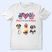 Happy,Cat Mom,Cat Dad,Cat Lovers,Cat Couple,Independence Day,Pet Lovers,Pet Mom,Dog Lovers,Dog Mom,Dog Dad,Dog Couple - Stars And Stripes Peace Love Cats - Personalized T Shirt