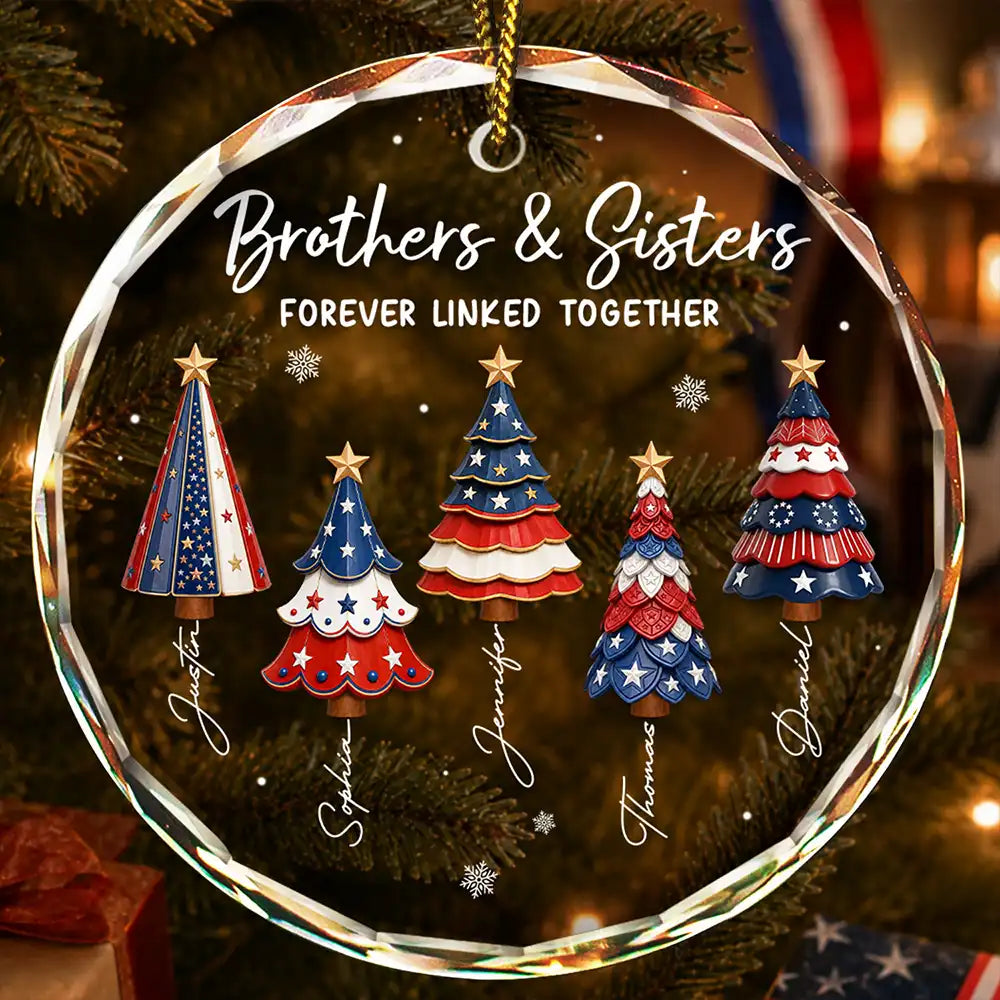 Stars & Stripes Christmas Tree Brothers & Sisters Forever Linked Together - Personalized Circle Glass Ornament