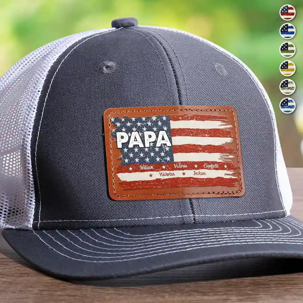 Gift For Grandpa, Gift For Father, Happy - Stars & Stripes Dad Grandpa Names - Personalized Leather Patch Hat 