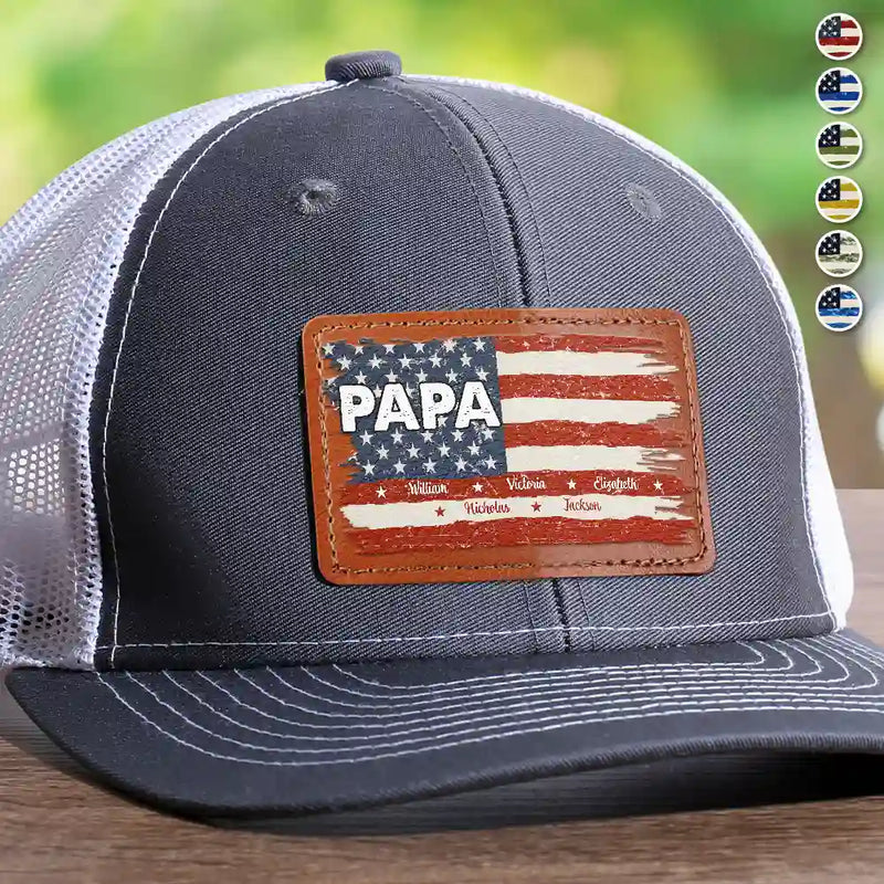 Gift For Grandpa, Gift For Father, Happy - Stars & Stripes Dad Grandpa Names - Personalized Leather Patch Hat 