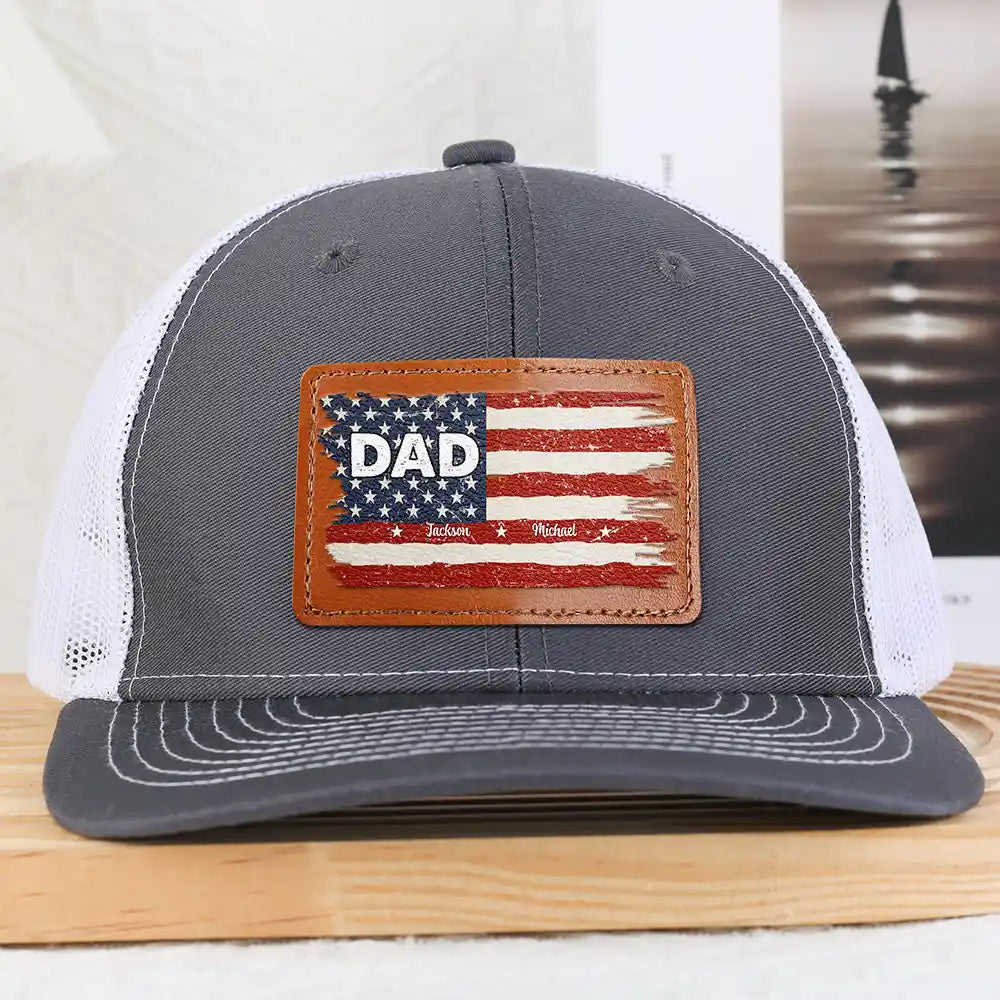 Gift For Grandpa, Gift For Father, Happy - Stars & Stripes Dad Grandpa Names - Personalized Leather Patch Hat 