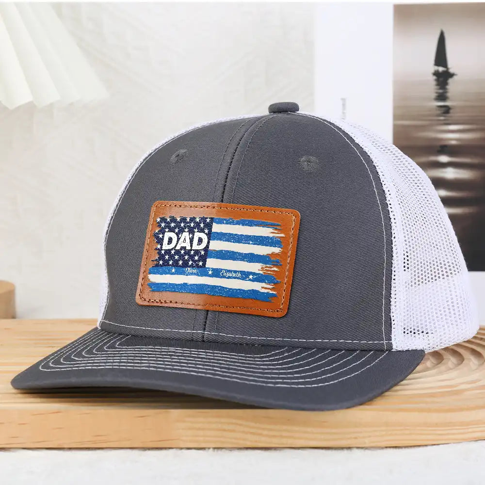 Gift For Grandpa, Gift For Father, Happy - Stars & Stripes Dad Grandpa Names - Personalized Leather Patch Hat 
