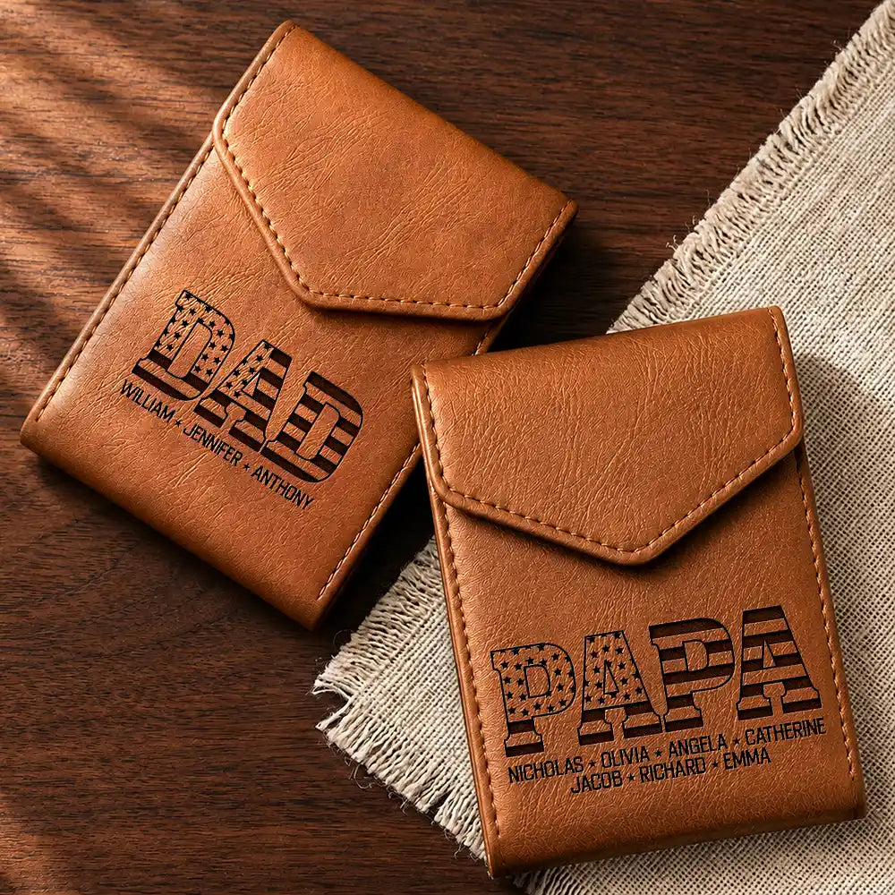 Gift For Father, Independence Day, Proud, Custom Text - Stars & Stripes Dad Papa - Personalized Leather Slim Wallet
