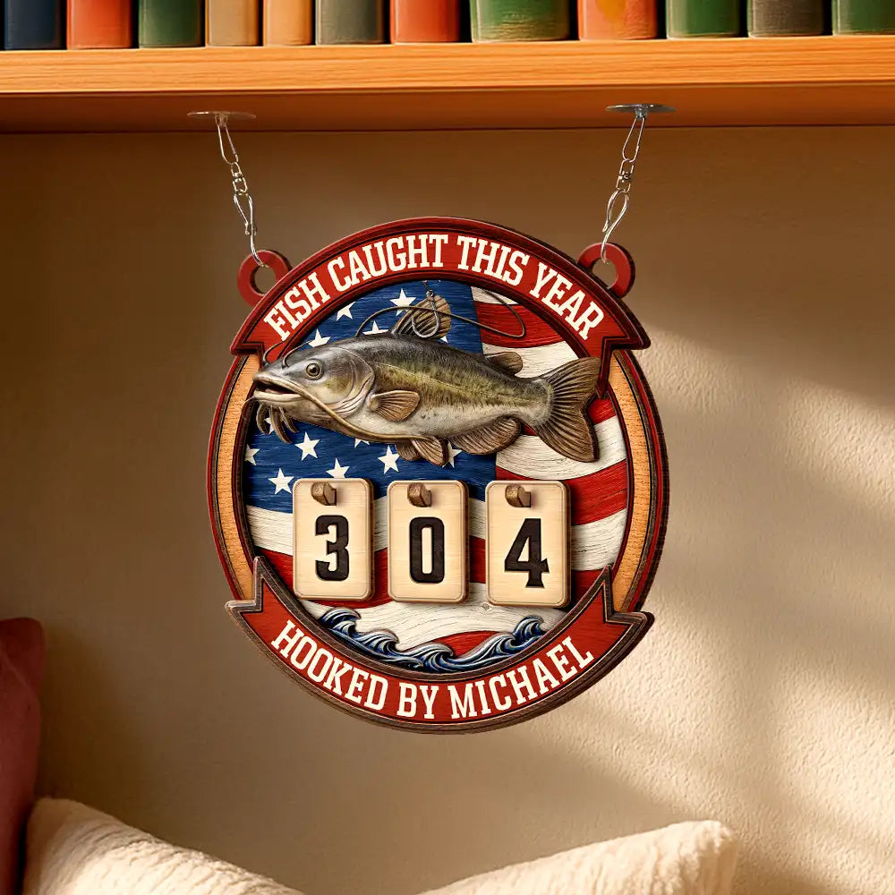 Independence Day,Fishing,Summer,Gift For Men,Gift For Yourself,Proud,Icon - Stars & Stripes Fish Caught This Year - Personalized Hanging Tracker Sign