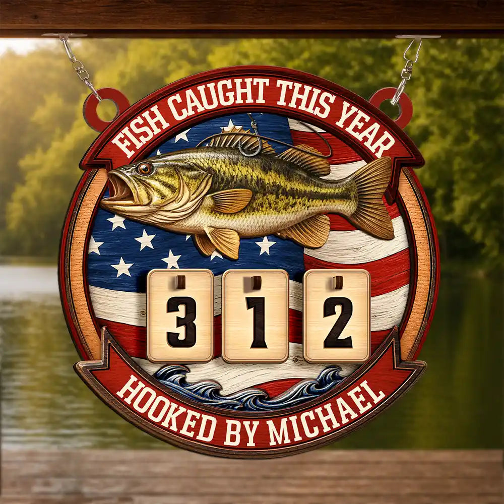 Stars & Stripes Fish Caught This Year - Personalized Hanging Tracker Sign