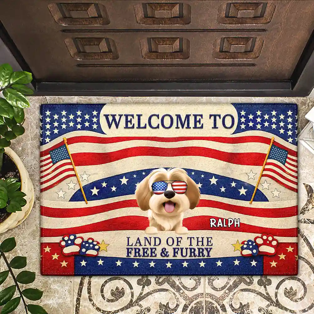 Funny,Independence Day,Pet Lovers,Pet Mom,Pet Dad - Stars & Stripes The Land Of Free And Furry - Personalized Doormat