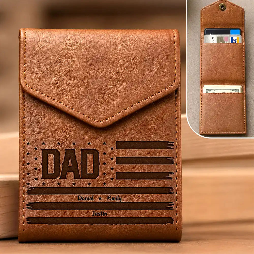Stars & Stripes US Flag Dad Grandpa - Personalized Leather Slim Wallet