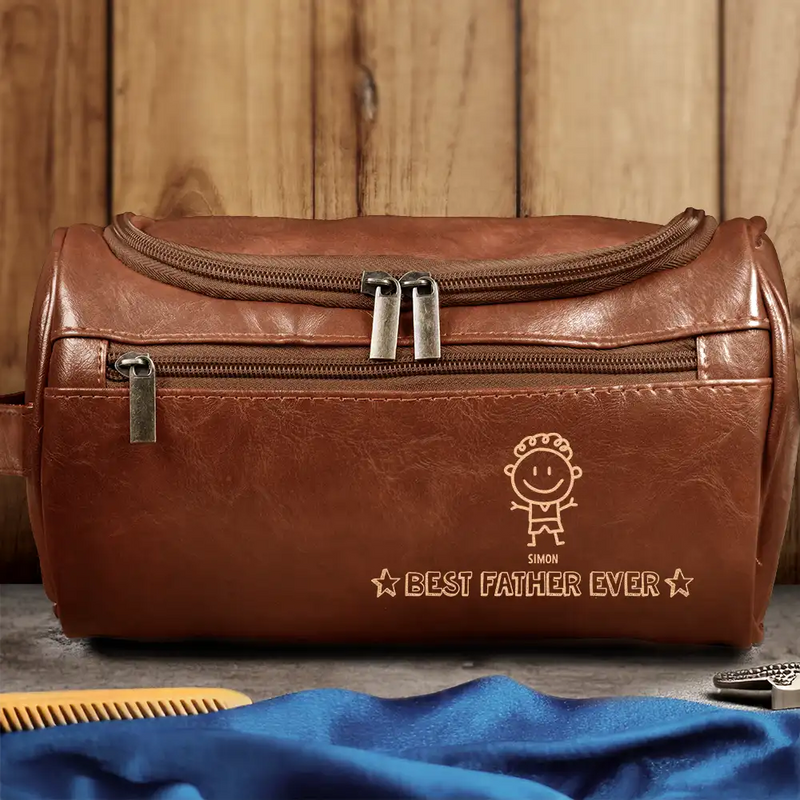 Gift For Husband, Gift For Yourself, Gift For Men, Gift For Grandpa, Gift For Father, Summer, Happy - Stick Figure Best Dad Ever - Personalized Leather Toiletry Bag