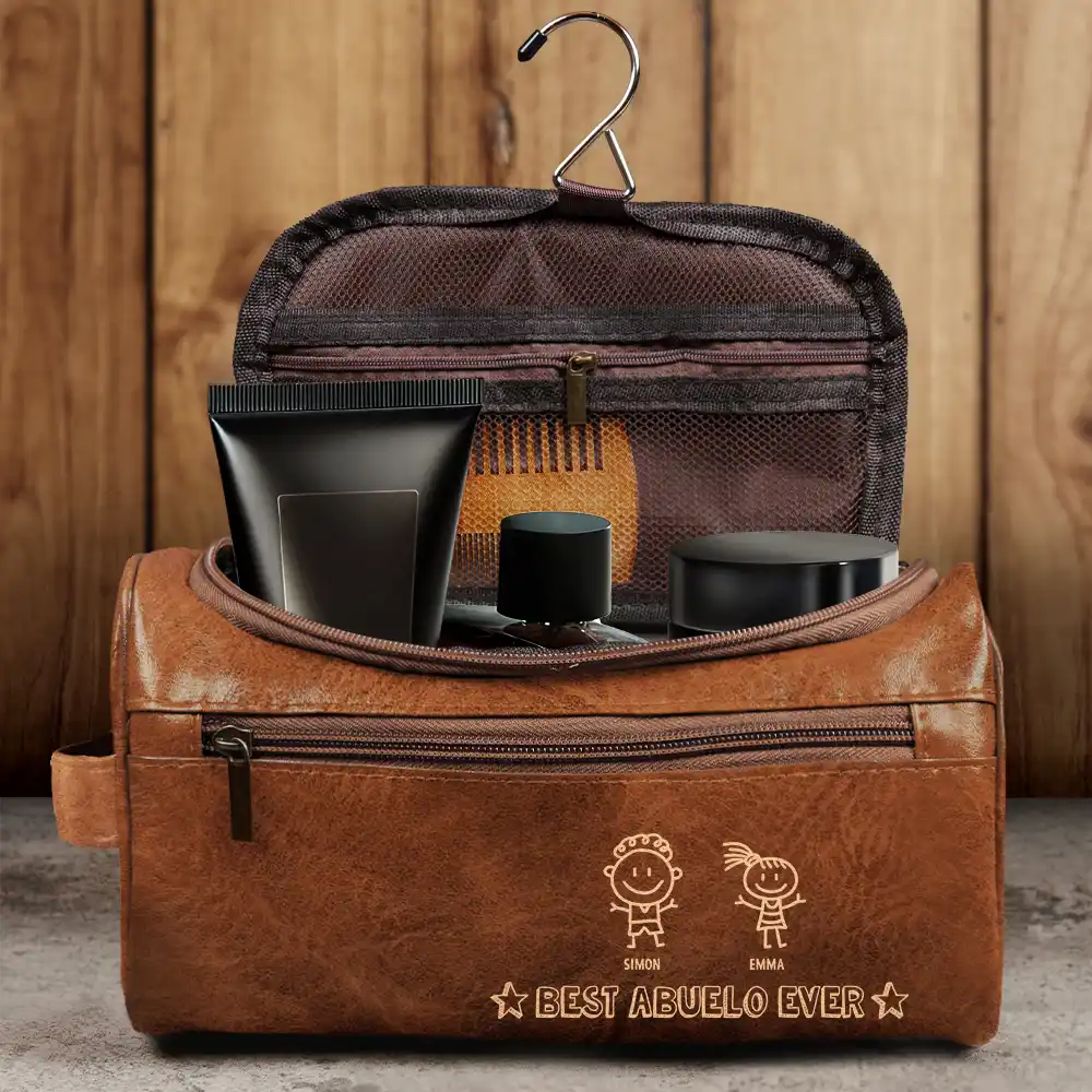 Gift For Husband, Gift For Yourself, Gift For Men, Gift For Grandpa, Gift For Father, Summer, Happy - Stick Figure Best Dad Ever - Personalized Leather Toiletry Bag