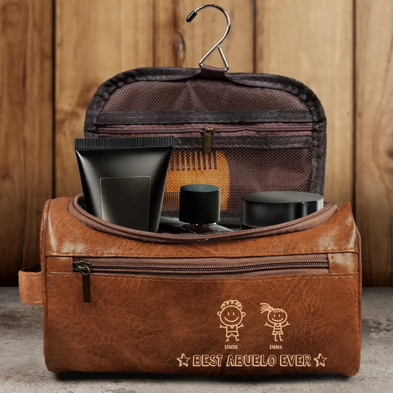 Gift For Husband, Gift For Yourself, Gift For Men, Gift For Grandpa, Gift For Father, Summer, Happy - Stick Figure Best Dad Ever - Personalized Leather Toiletry Bag