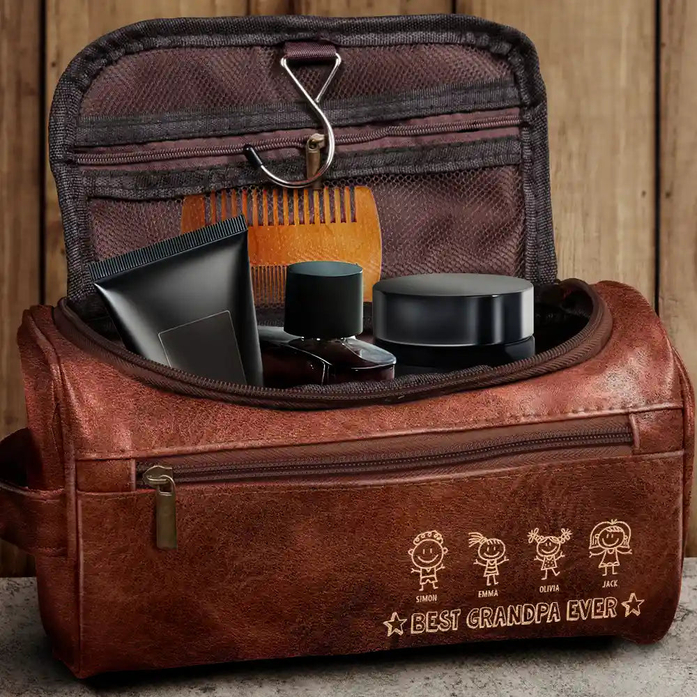 Gift For Husband, Gift For Yourself, Gift For Men, Gift For Grandpa, Gift For Father, Summer, Happy - Stick Figure Best Dad Ever - Personalized Leather Toiletry Bag