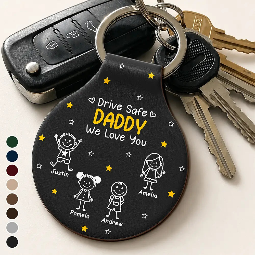 Stick Figures Drive Safe Daddy Grandpa - Personalized Custom Shaped Leather Keychain