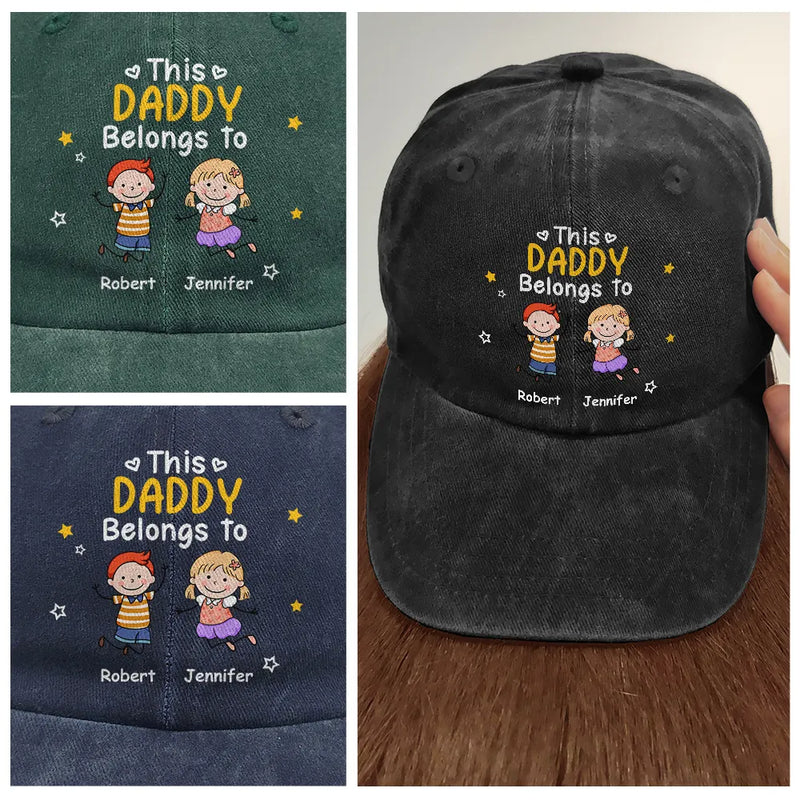 Gift For Father,Top Market,Proud,Icon - Stick Figures This Grandpa Dad Belongs To Kids Pet - Personalized Vintage Washed Denim Cap