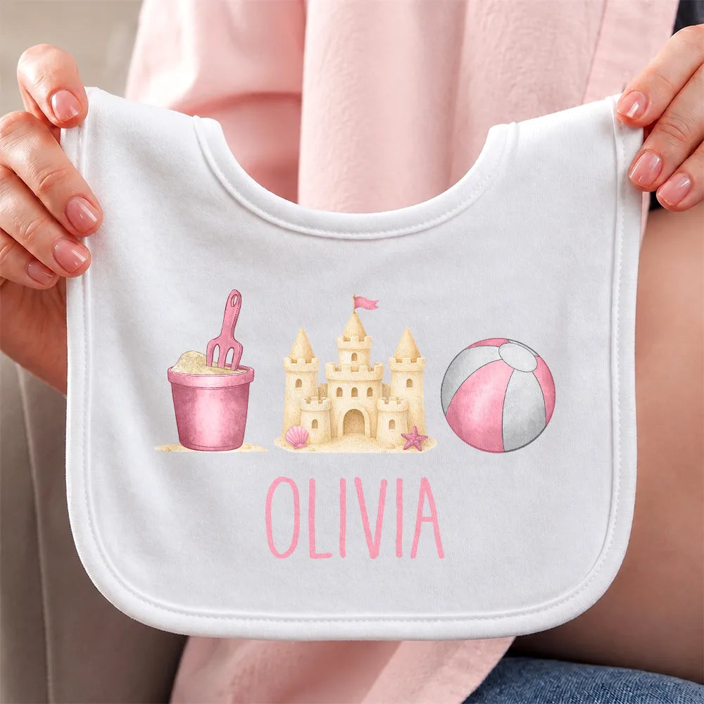 Adorable, New Baby, New Mom, Gift For Mother, Summer, Icon - Summer Beach Toys Trio - Personalized Baby Bib