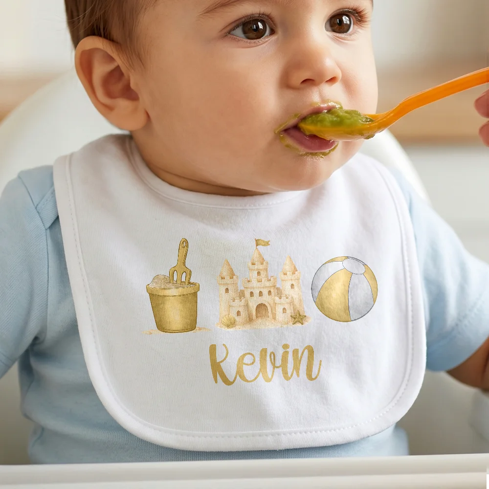 Adorable, New Baby, New Mom, Gift For Mother, Summer, Icon - Summer Beach Toys Trio - Personalized Baby Bib