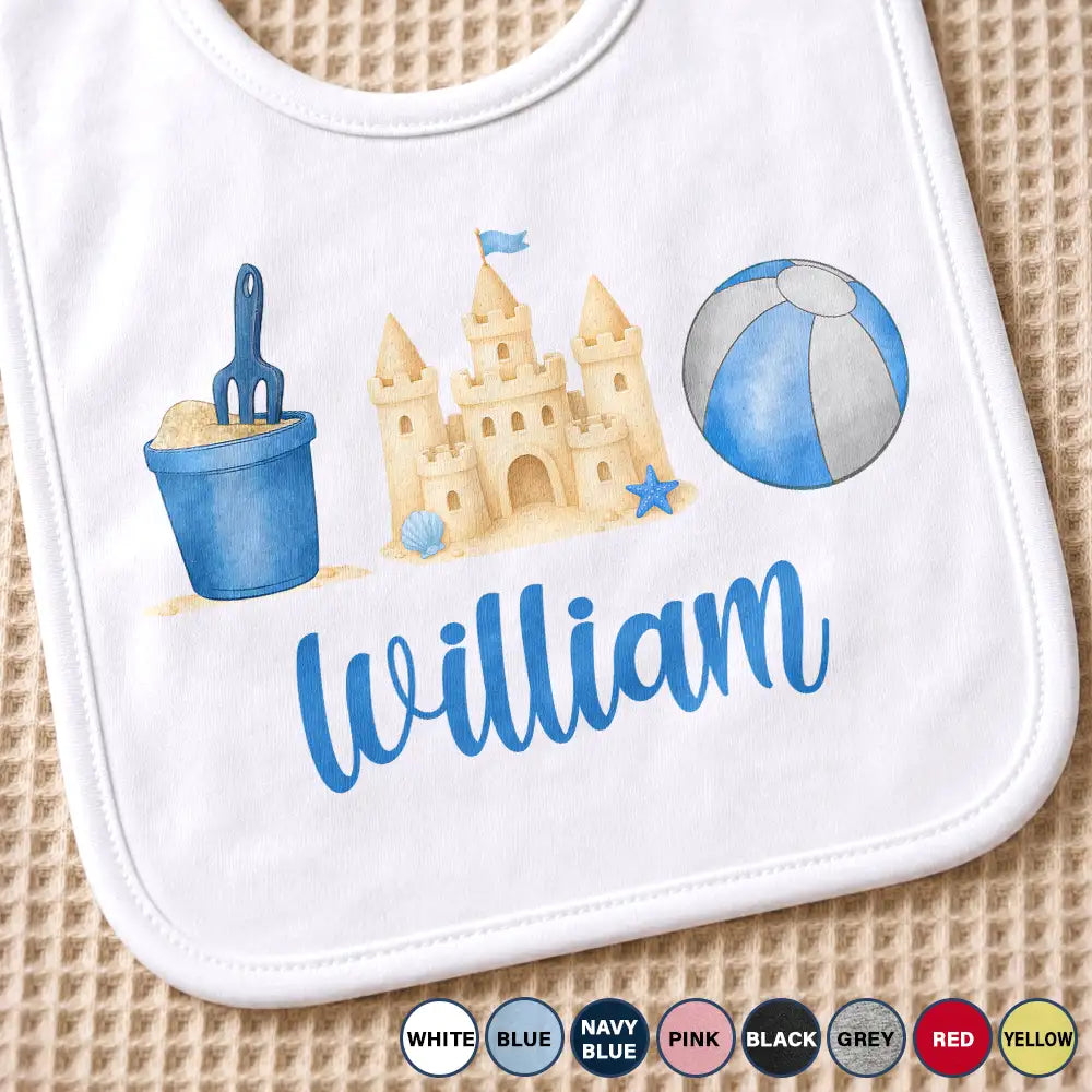 Adorable, New Baby, New Mom, Gift For Mother, Summer, Icon - Summer Beach Toys Trio - Personalized Baby Bib