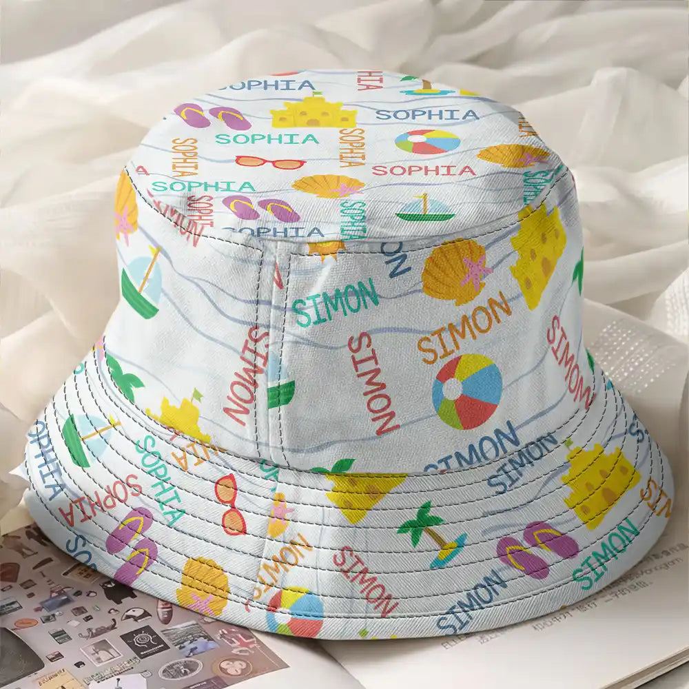Gift For Kids, Beach, Happy - Summer Beach Vacation Holiday Vibe Cute Icon Custom Name - Personalized Bucket Hat