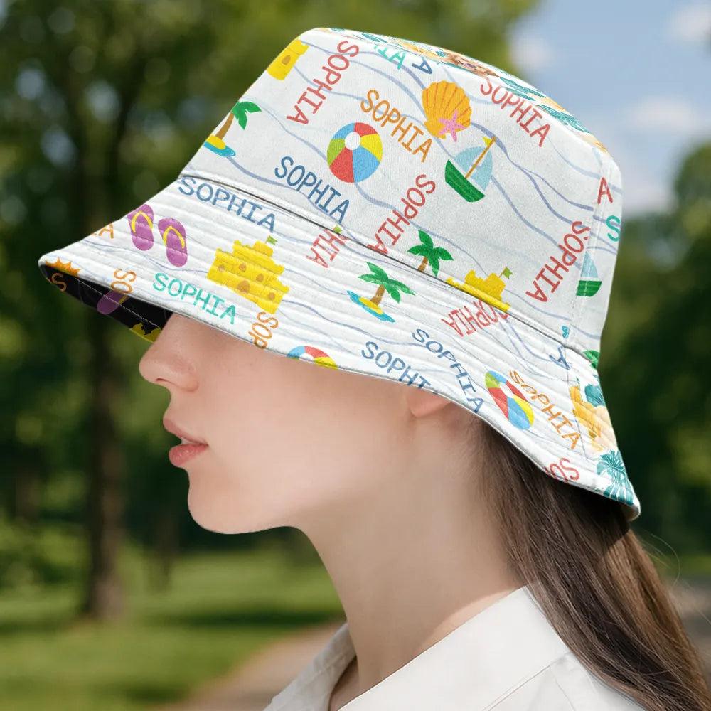 Gift For Kids, Beach, Happy - Summer Beach Vacation Holiday Vibe Cute Icon Custom Name - Personalized Bucket Hat