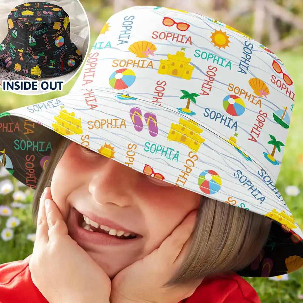 Gift For Kids, Beach, Happy - Summer Beach Vacation Holiday Vibe Cute Icon Custom Name - Personalized Bucket Hat