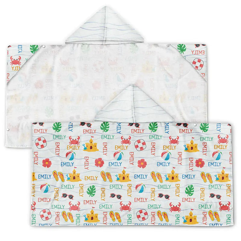 Gift For Kids, Beach, Happy - Summer Beach Vacation Holiday Vibe Cute Icon Custom Name - Personalized Hooded Beach Towel