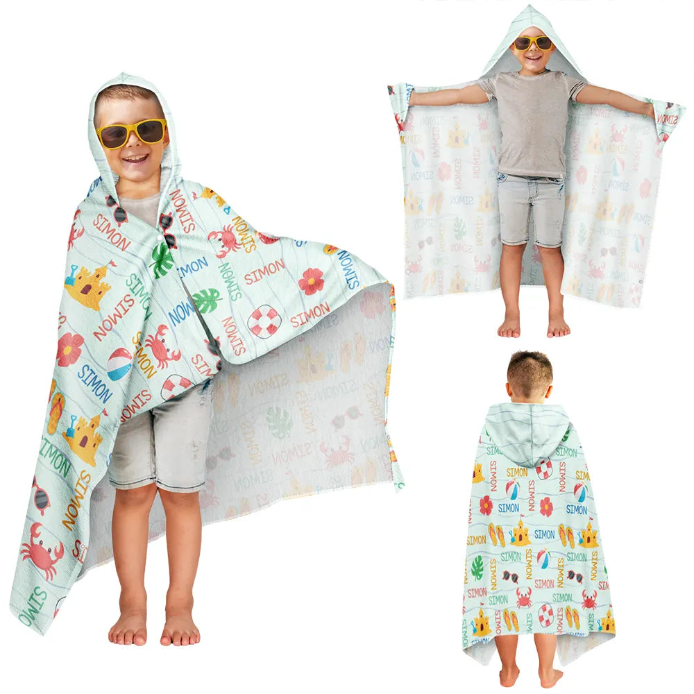 Gift For Kids, Beach, Happy - Summer Beach Vacation Holiday Vibe Cute Icon Custom Name - Personalized Hooded Beach Towel