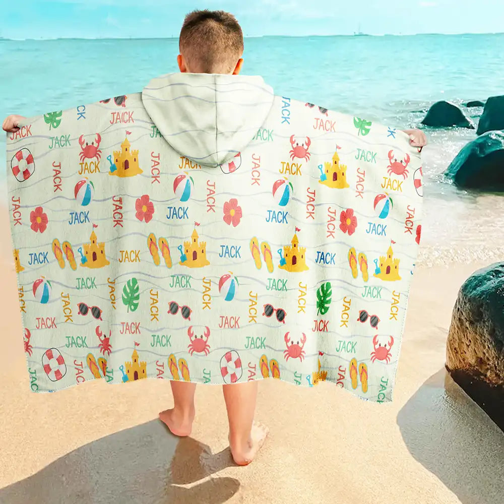 Gift For Kids, Beach, Happy - Summer Beach Vacation Holiday Vibe Cute Icon Custom Name - Personalized Hooded Beach Towel
